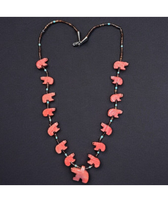 Collier Jaspe Rouge Turquoise et Coquillages Ours Amérindien Tribu Zuni Fermoir Argent 925