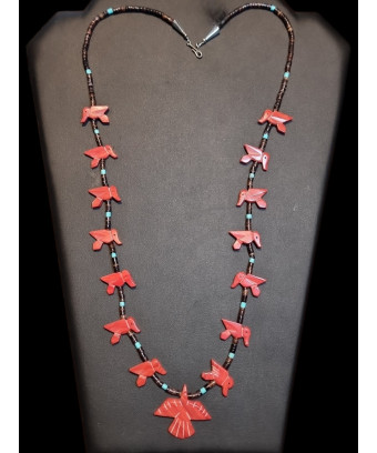 Collier Jaspe Rouge Turquoise et Coquillages Oiseau Amérindien Tribu Zuni  Fermoir Argent 925