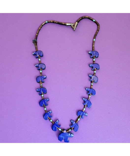 Collier Lapis-lazuli Turquoise et Coquillages Ours Amérindien Tribu Zuni Fermoir Argent 925