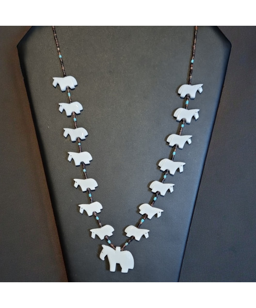 Collier Magnésite Turquoise et Coquillages Cheval Amérindien Tribu Zuni Fermoir Argent 925