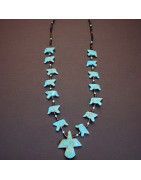 Collier Turquoise et Coquillages Oiseau Amérindien Tribu Zuni  Fermoir Argent 925