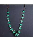 Collier Malachite Turquoise et Coquillages Ours Amérindien Tribu Zuni Fermoir Argent 925