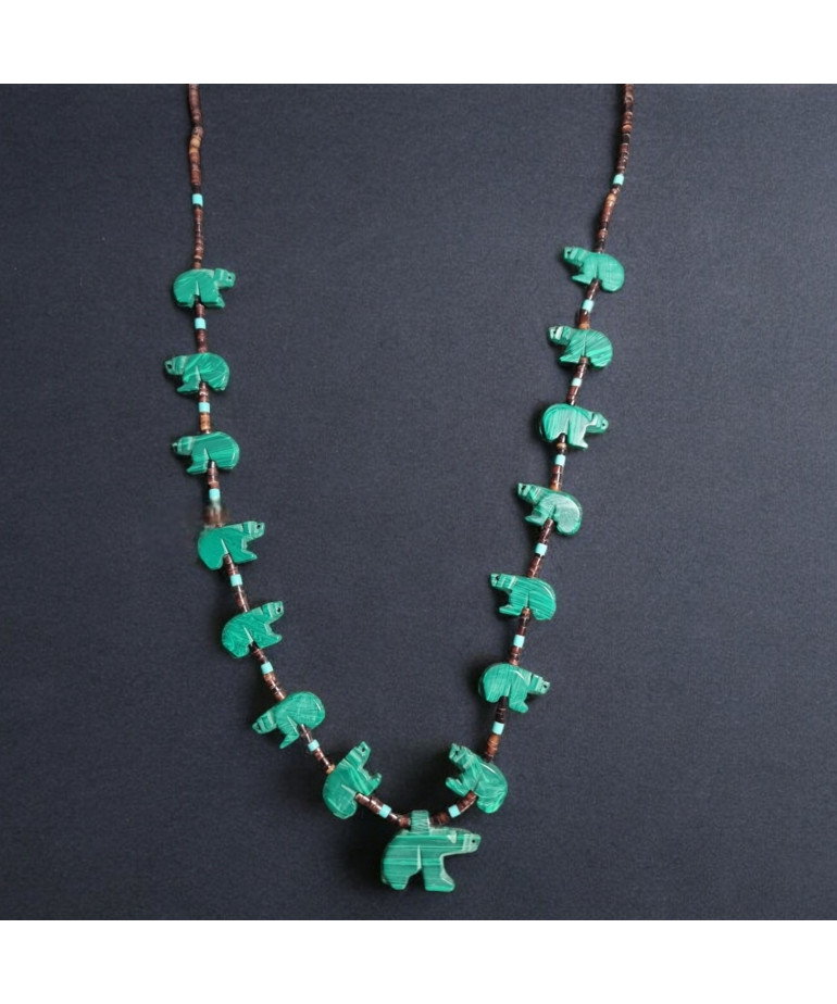 Collier Malachite Turquoise et Coquillages Ours Amérindien Tribu Zuni Fermoir Argent 925