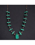 Collier Malachite Turquoise et Coquillages Tortue Amérindien Tribu Zuni Fermoir Argent 925