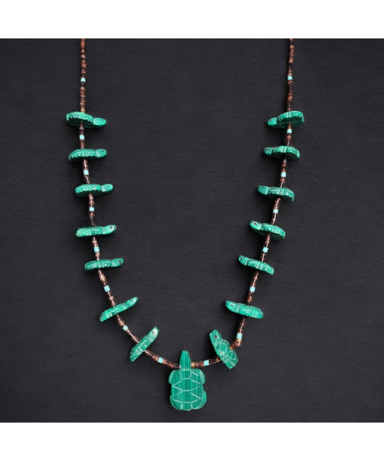 Collier Malachite Turquoise et Coquillages Tortue Amérindien Tribu Zuni Fermoir Argent 925