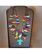 Collier Turquoise Pierres et Coquillages Animaux triple rangs Amérindien Tribu ZuniFermoir Argent 925