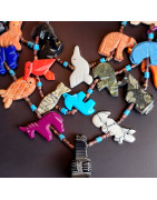 Collier Turquoise Pierres et Coquillages Animaux Amérindien Tribu Zuni triple rang Fermoir Argent 925