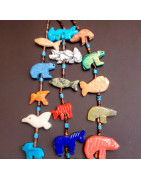 Collier Turquoise Pierres et Coquillages Animaux Amérindien Tribu Zuni triple rang Fermoir Argent 925
