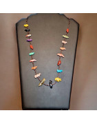 Collier Pierres et Coquillages Petits animaux Amérindien Tribu Zuni Fermoir Argent 925