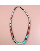 Collier Turquoise Jaspe Onyx et coquillages Amérindien Tribu Zuni Fermoir Argent 925
