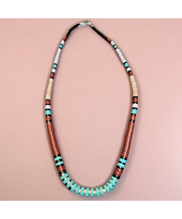 Collier Turquoise Jaspe Onyx et coquillages Amérindien Tribu Zuni Fermoir Argent 925