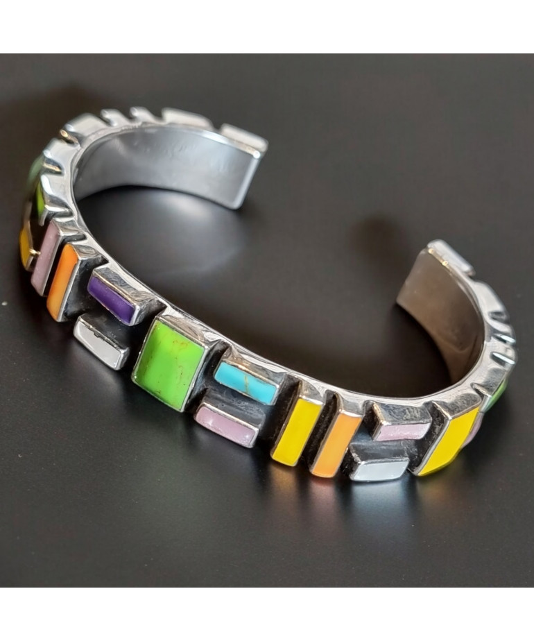 Bracelet Turquoise Nacre Opale verte et Lapis-lazuli Amérindien Argent 925