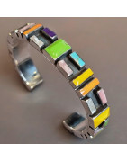 Bracelet Turquoise Nacre Opale verte et Lapis-lazuli Amérindien Argent 925