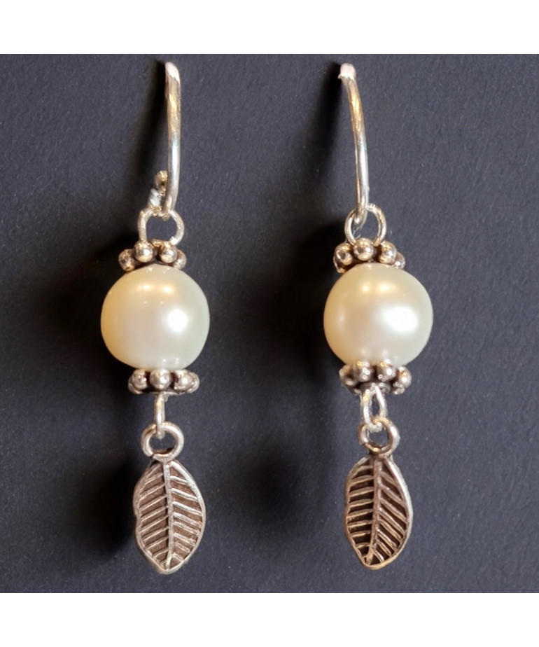 Boucles Perles d'eau douce feuille Argent 925