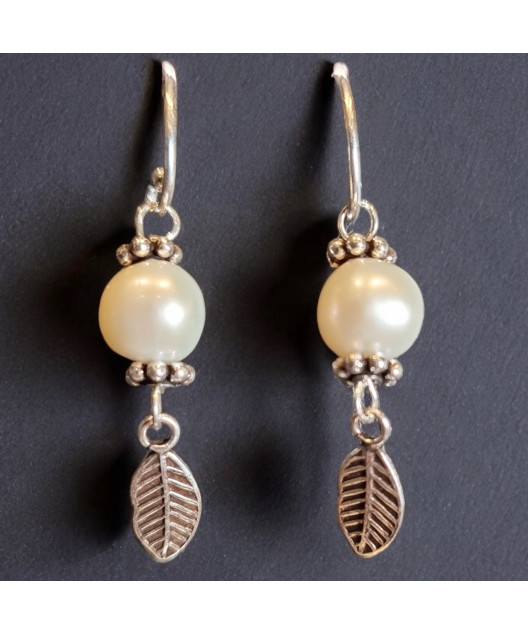 Boucles Perles d'eau douce feuille Argent 925