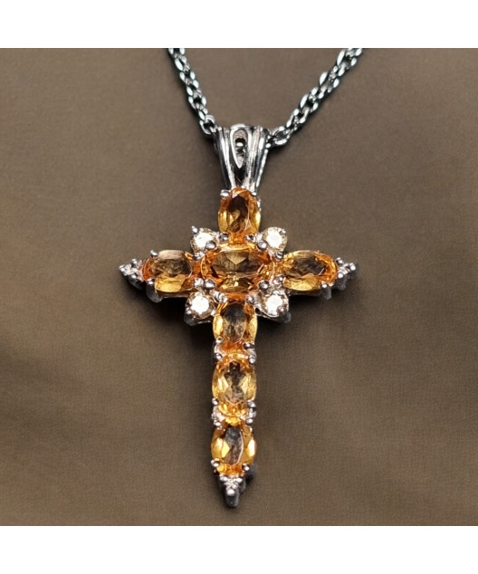 Pendentif Citrine Croix Argent 925 sur chaîne