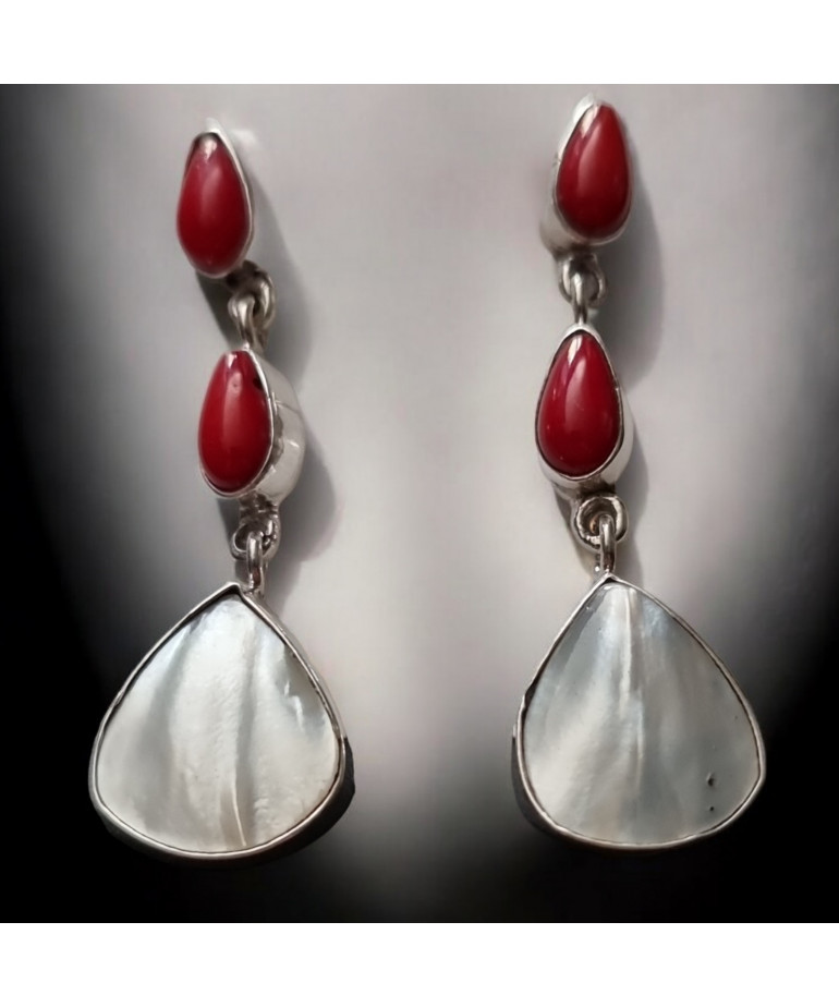 Boucles Corail rouge & Perles d'eau douce Argent 925