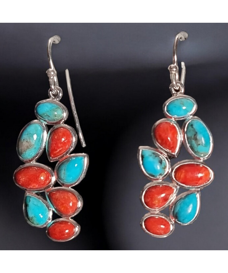 Boucles Corail rouge & Turquoise Argent 925