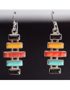 Boucles Corail rouge Onyx Nacre & Turquoise Argent 925