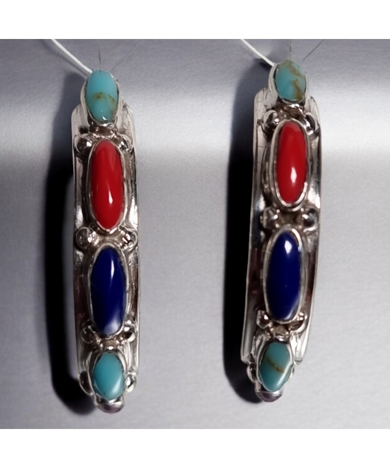 Boucles Corail rouge Lapis-lazuli Charoïte & Turquoise Argent 925