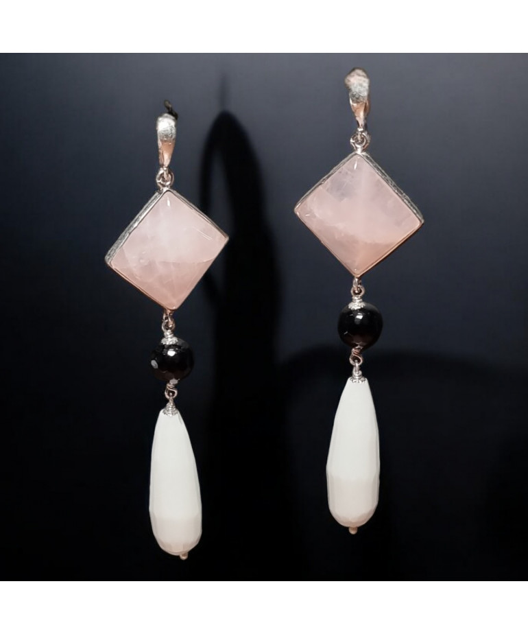 Boucles Quartz rose Onyx noire facettée et Onyx blanche  Argent 925