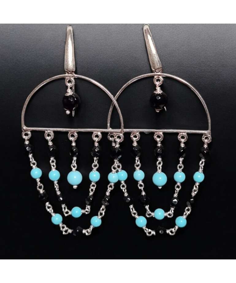 Boucles Turquoise et Onyx facettée Argent 925