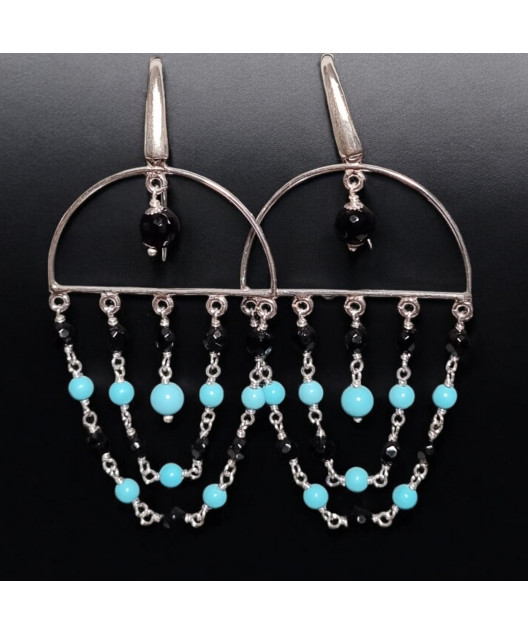 Boucles Turquoise et Onyx facetté Argent 925