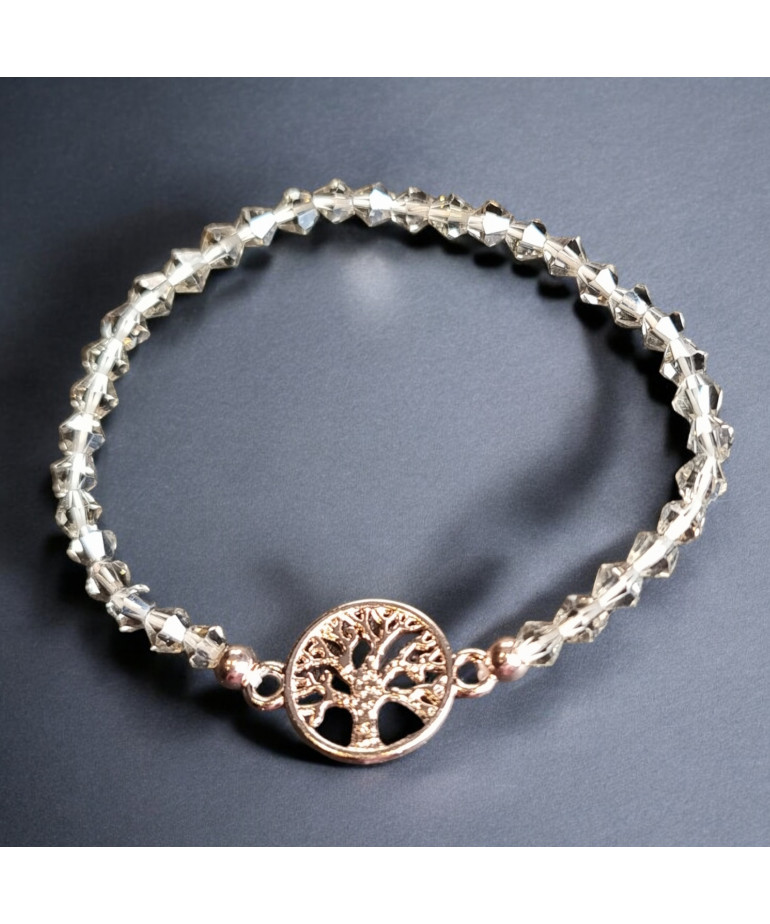 Bracelet Cristal Swarovski fumé Arbre de vie acier plaqué or