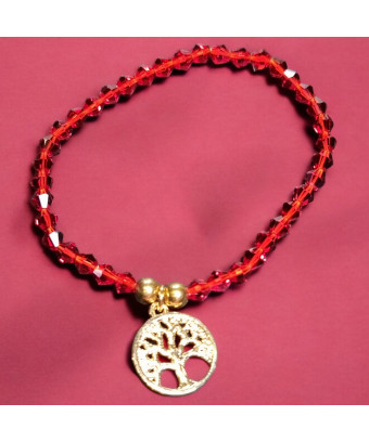 Bracelet Cristal Swarovski rouge Arbre de vie acier Plaqué or