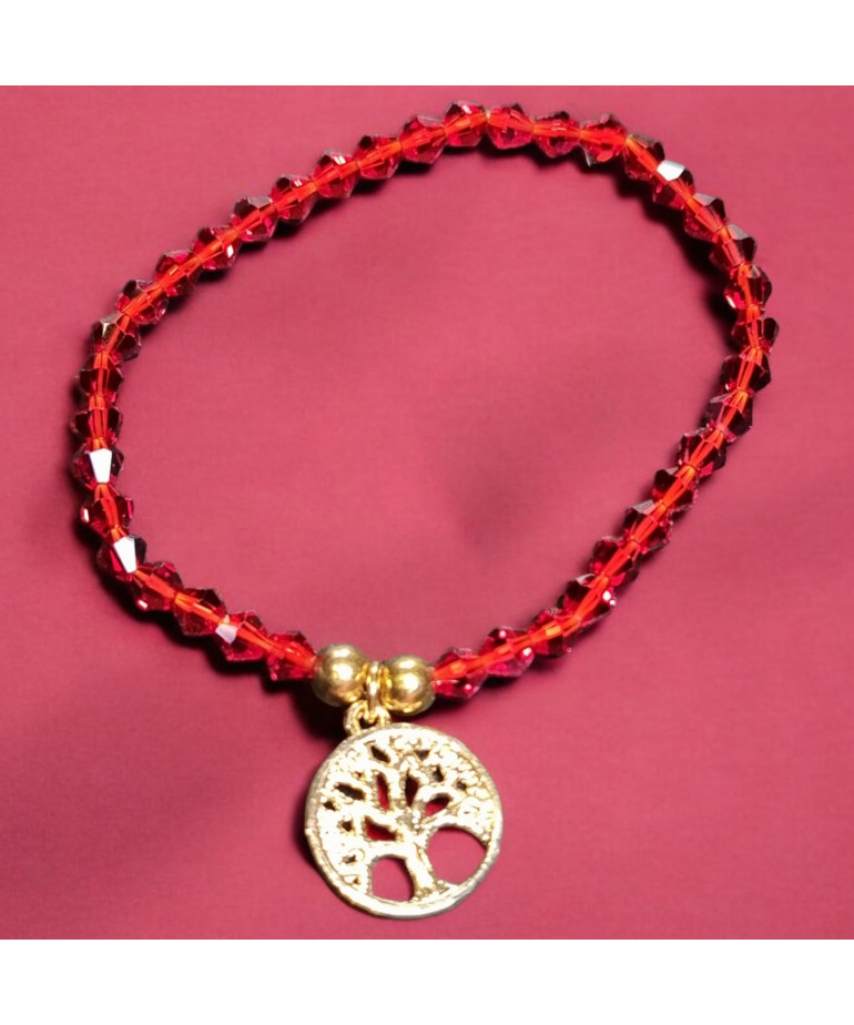 Bracelet Cristal Swarovski rouge Arbre de vie acier Plaqué or