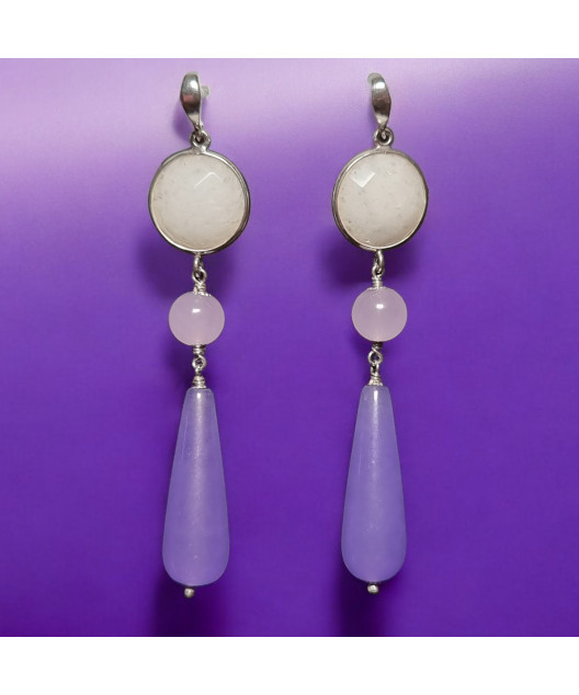 Boucles Améthyste Pierre de lune et Quartz rose Gouttes Argent 925
