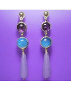 Boucles Quartz rose et Calcédoine Gouttes Argent 925