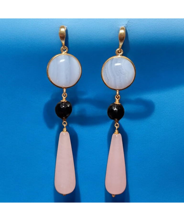 Boucles Quartz rose Onyx facettée et Calcédoine Gouttes Argent 925