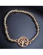Bracelet Cristal Swarovski fumé Arbre de vie acier plaqué or rose