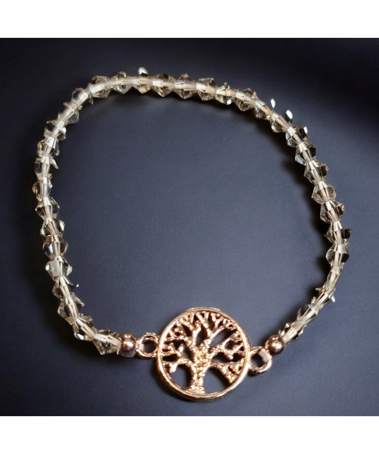 Bracelet Cristal Swarovski fumé Arbre de vie acier plaqué or rose