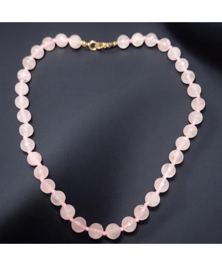 Collier Quartz rose Pierres rondes 10mm facettées sur cordon noué