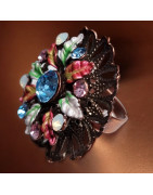 Bague Swarovski fleurs émaillées Cuivre Taille 54+