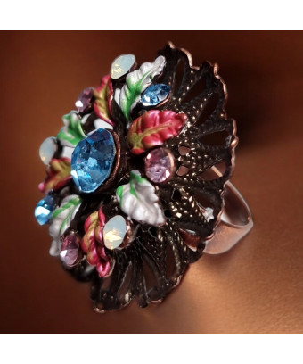 Bague Swarovski fleurs émaillées Cuivre Taille 54+