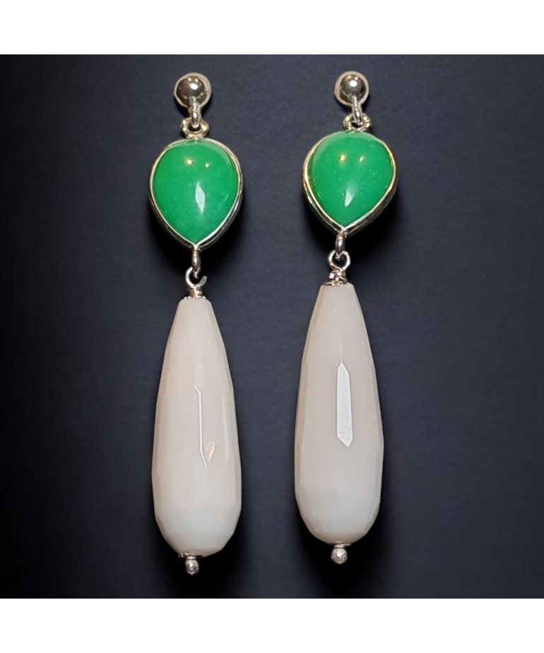 Boucles Onyx blanche facettée et Chrysoprase Gouttes Argent 925