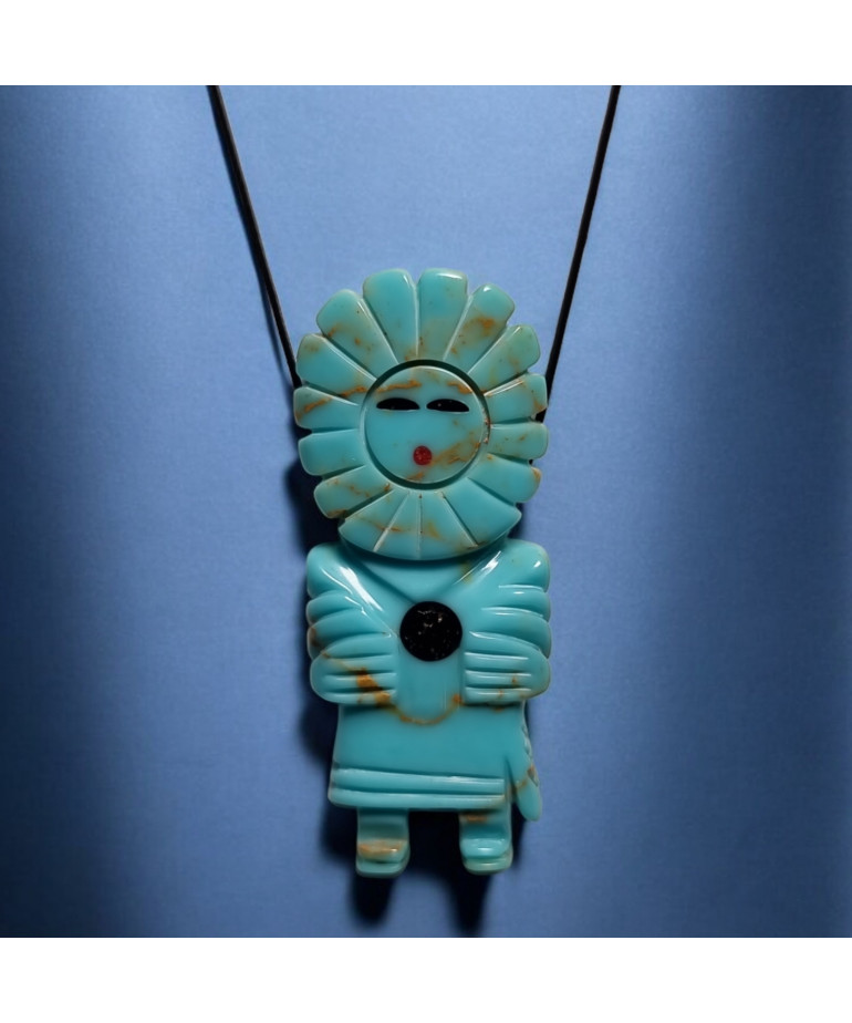Pendentif Turquoise Homme-Fleur Amérindien Tribu Zuni sur cordon réglable