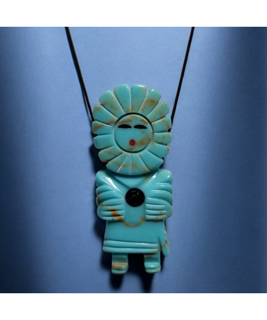 Pendentif Turquoise Homme-Fleur Amérindien Tribu Zuni sur cordon réglable
