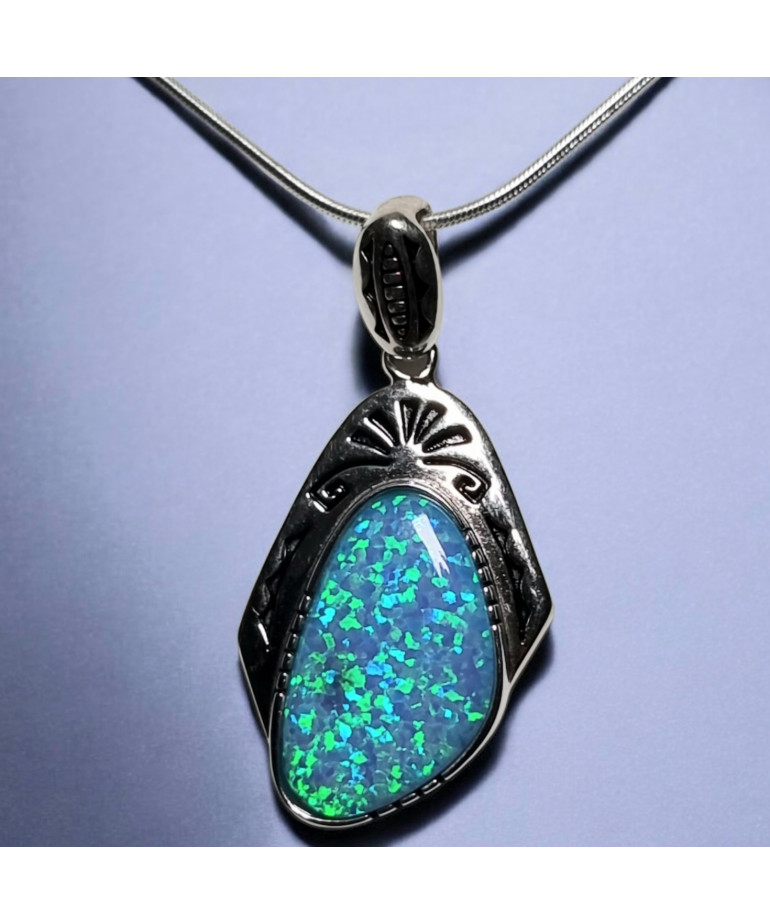 Pendentif Opale bleue Ethnique avec chaîne Argent 925