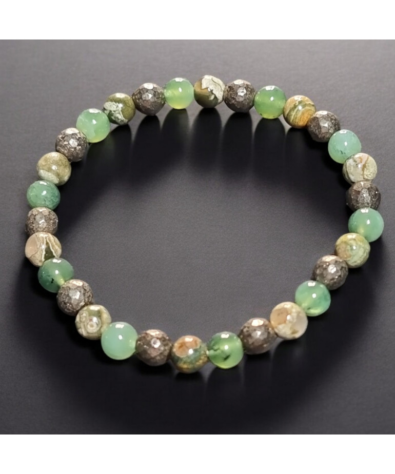 Bracelet Pyrite Jade et Rhyolite Pierres rondes 6mm