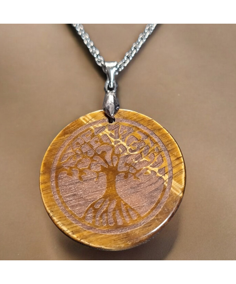 Pendentif Œil de tigre Arbre de vie rond avec chaîne