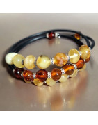 Bracelet Ambre multicolore Pierres rondes sur câble gainé caoutchouc