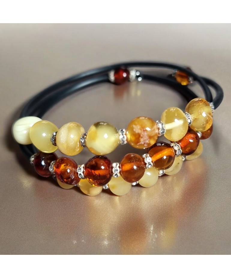 Bracelet Ambre multicolore Pierres rondes sur câble gainé caoutchouc