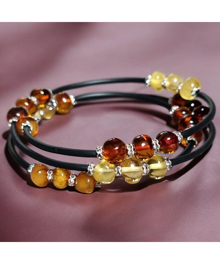 Bracelet Ambre multicolore Pierres rondes sur câble gainé caoutchouc