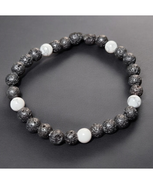 Bracelet Pierre de Lave et Howlite Pierres Rondes 6mm