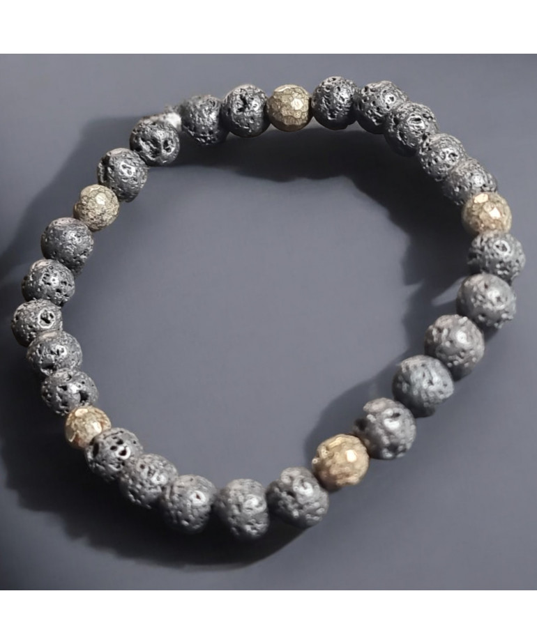 Bracelet Pierre de lave et Pyrite Pierres rondes 6mm