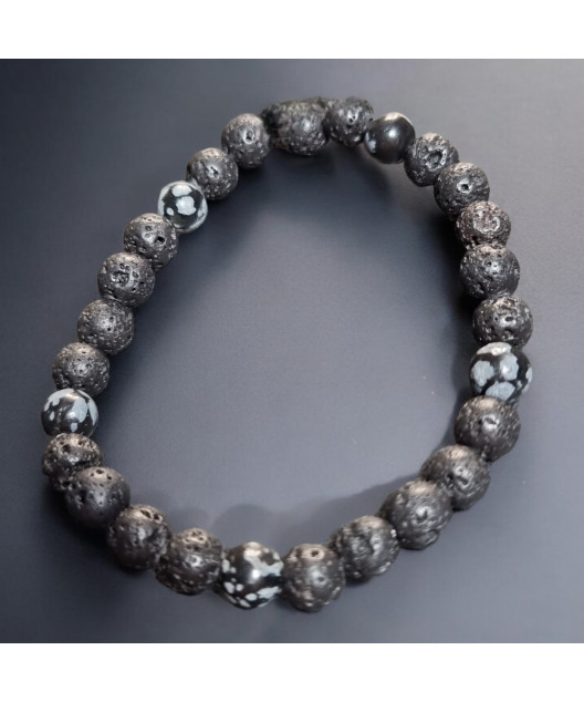 Bracelet Pierre de lave et Obsidienne neige Pierres rondes 6mm